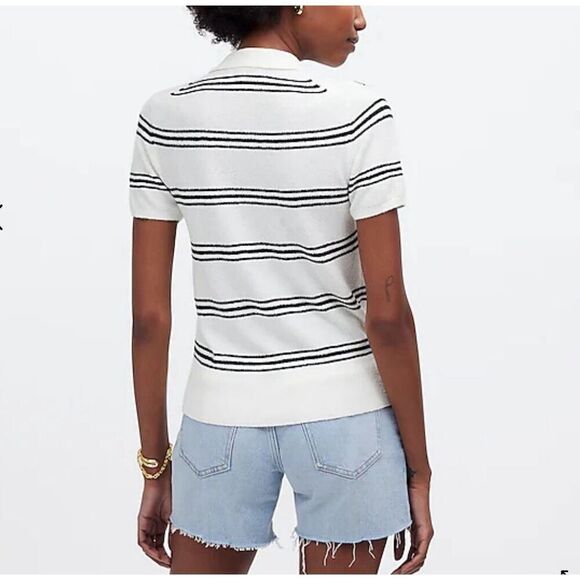 MADEWELL Sweater Women XS Polo Knit Tee NEW Ivory Stripe Short Sleeve NQ341 - Picture 13 of 14